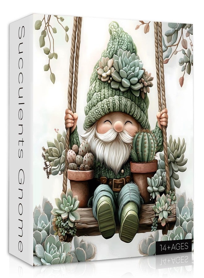 PICKFORU Cute Gnome Puzzles for Adults 1000 Piece, Nature Cactus Succulent Plant Themed, Funny Spring Gnome Jigsaw Puzzles Challenging - Image 1